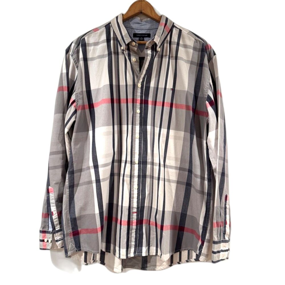 Tommy Hilfiger Plaid Button Up Shirt XXL Classic Fit Navy White Plaid Cotton